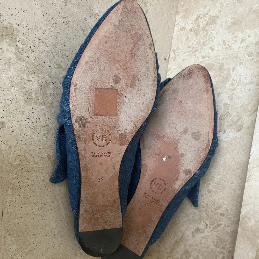 VERONICA BEARD Flat Denim BOW Mules Size 37